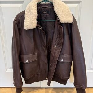 Quince Brown Leather Jacket with Cream Collar